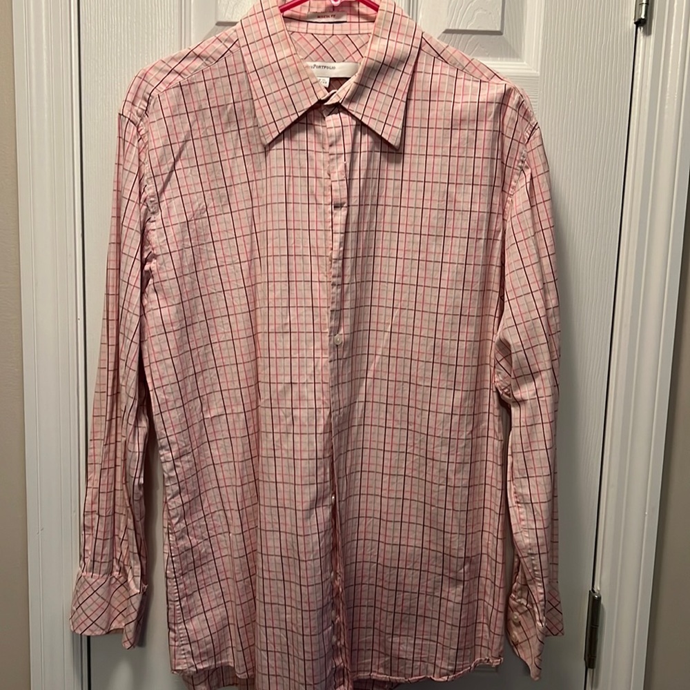 Men’s pink and brown plaid dress shirt